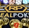 Stacks of poker chips in various colors are arranged in the background, while in the foreground, there are numerous golden coins featuring the Bitcoin symbol. The text 'REALPOKER' is prominently displayed in gold and silver lettering on a dark background.